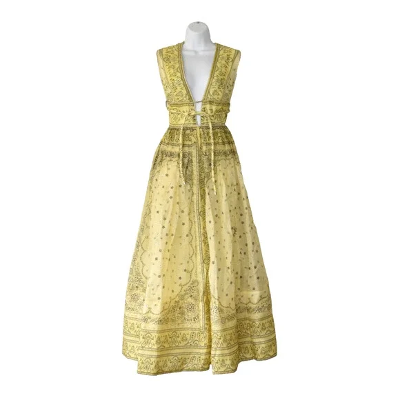 G0 NWOT ZIMMERMANN Yellow Bandana Linen & Silk Matchmaker Bow Long Dress Size 3 - Picture 1 of 7